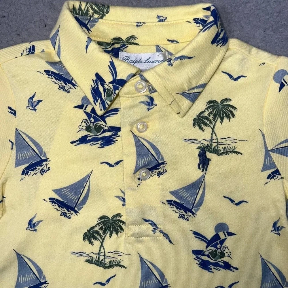 NWT Ralph Lauren Shirt Toddler Sz 9M Yellow Polo Sail Boat Palm Tree Surfing AOP